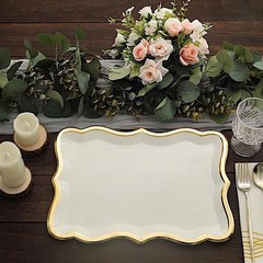 WHITE 10 Rectangle 14″ Paper SERVING TRAYS Scroll Design Gold Rim Party Events