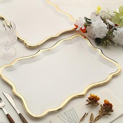 WHITE 10 Rectangle 14″ Paper SERVING TRAYS Scroll Design Gold Rim Party Events