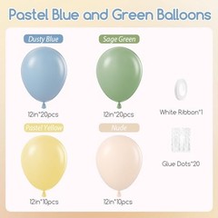 60pcs 12inch Sage Green Dusty Blue Pastel Yellow Balloons, Blue Green Yellow