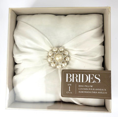 Brides Wedding Ring Bearer Pillow 7×7 White Faux Pearl Rhinestone Center Cluster