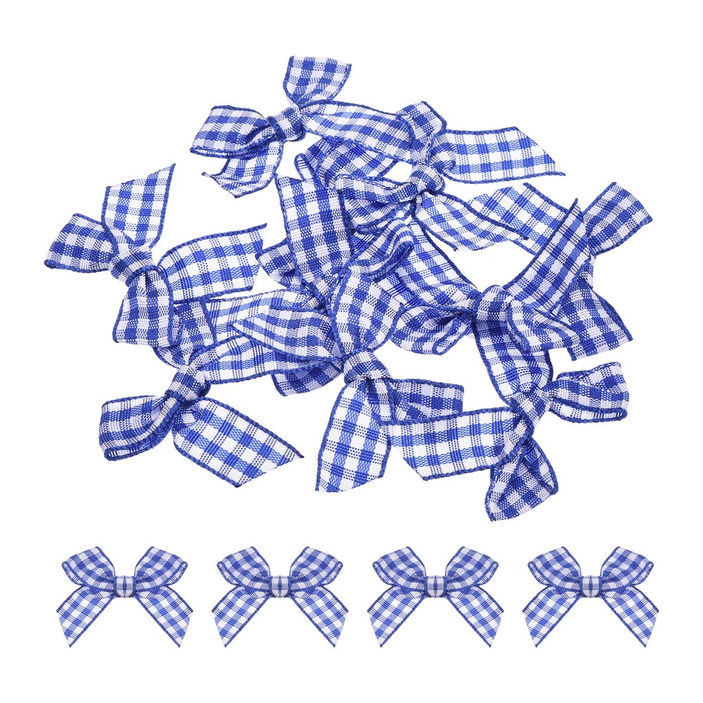 10Pcs Mini Gingham Ribbon Bow 1.5″ Checkered Fabric Satin Dark Blue and White