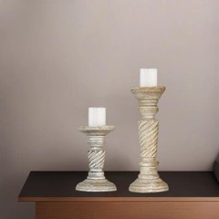 Traditional Antique White Eco-friendly Handmade Mango Wood Set Of Two Candle