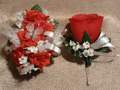 NEW 5″ Artificial Red Rose Wrist Corsage Pearls, Butterfly Silver Bow Red Bout
