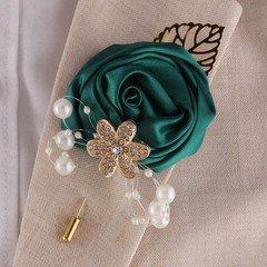 Handcrafted Gold Satin Rose Corsage, Crystal Flower & Pearl Accents, Emerald Gre