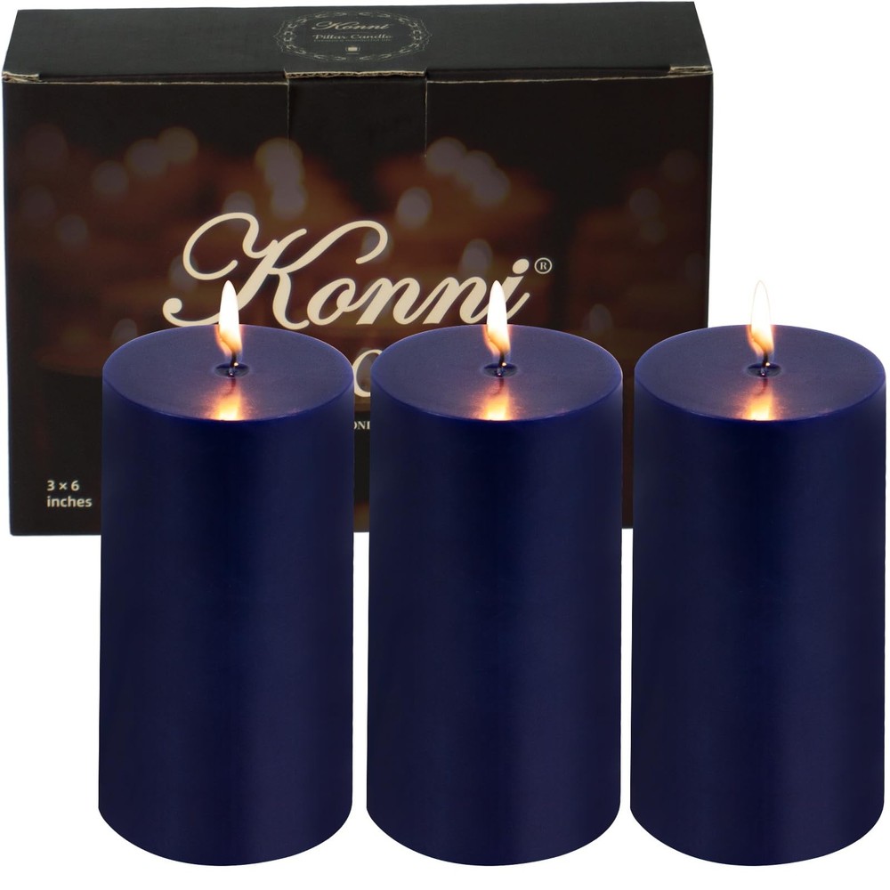 KONNI Navy Blue Pillar Candles Set of 3, 3″x 6″ Unscented 3 x 6in,