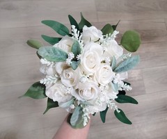 White Rose Bridal Bouquet Wedding Bridesmaid Flowers Eucalyptus Faux Prom Floral