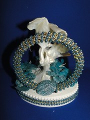 New Elegant Handmade Aqua & Gold Rhinestones Kissing Love Birds Cake topper #152