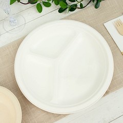 50 Round 10″ White 3-Compartment Sustainable Bagasse Dinner Plates Party Events