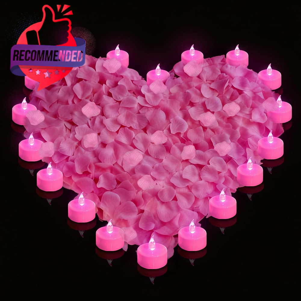 500pcs Rose Petals With 12 Led Tea Lights Candles Set, Pink Artificial Rose