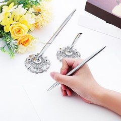 Silver 2 Pcs Hollow Round Pen Holder Set for Signing & Ballpoint Pens