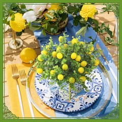 Blue Tile Lemon Centerpiece Decor – Amalfi Coast Style Box with Artificial Lemon