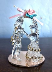 Vtg Dura-Best Spun Blown Glass Bride Groom Wedding Cake Topper Mirror Base Gold