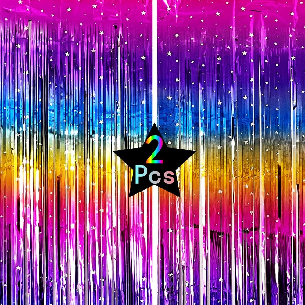 Sparkly Neon Rainbow Foil Fringe Curtain Backdrop Metallic Streamers Photo Bo…