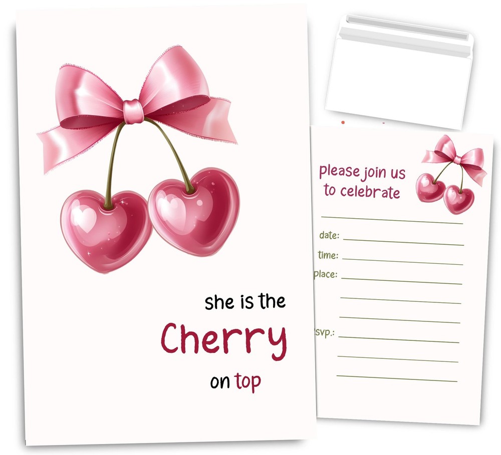 VAVINCI Cherry Birthday lnvitation for Girls, She 4.4 x 6.3 inches, Pink Red