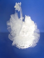 New Elegant Wedding Caketop, white bell, shimmer white floral, heart back #251
