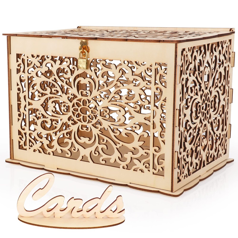 Hooqict DIY Wedding Card Box with Lock Large Rustic Wood Wedding Gift Money B…