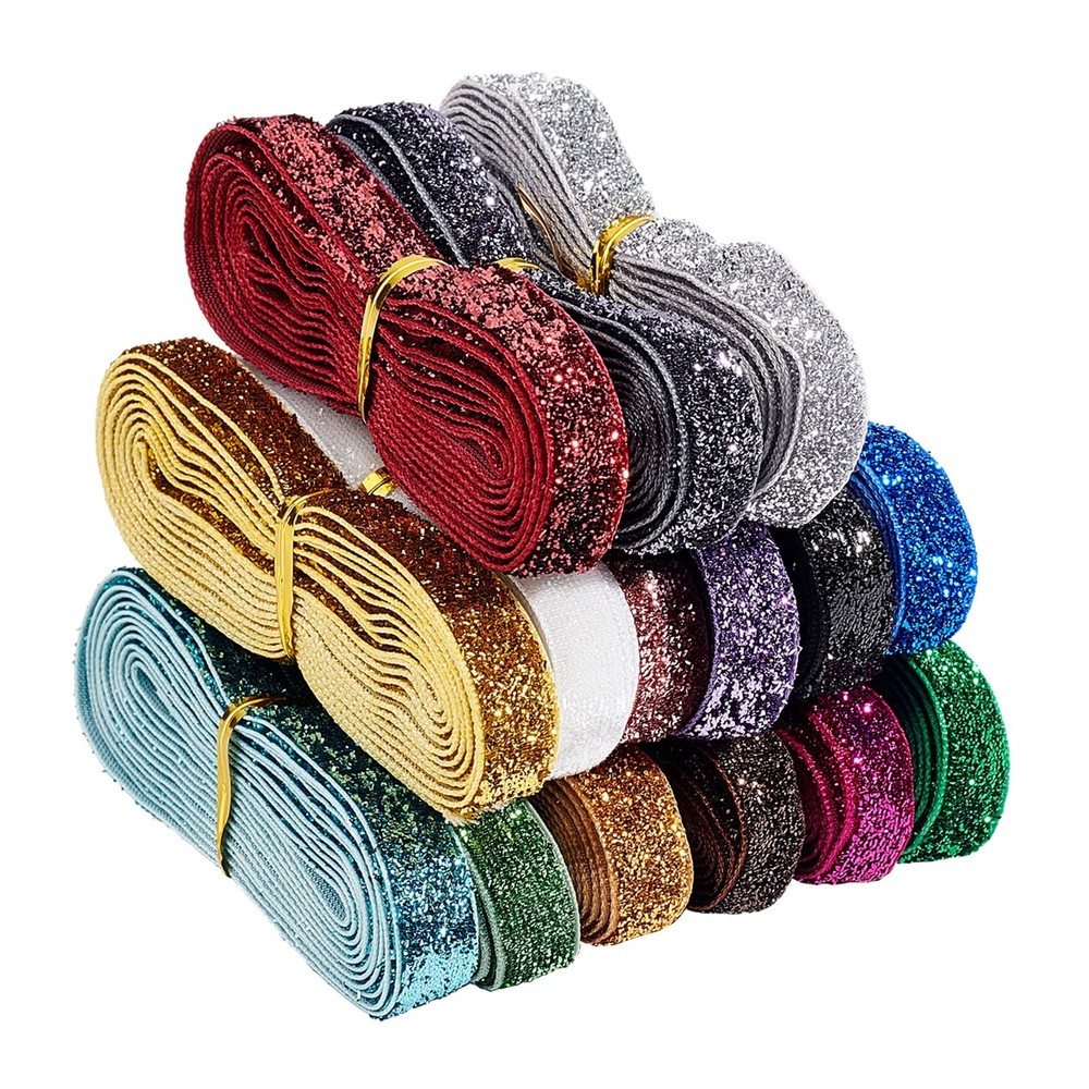 BENECREAT 30Yards Glitter Polyester Satin Ribbons, 15 Blue,Green,White,Purple