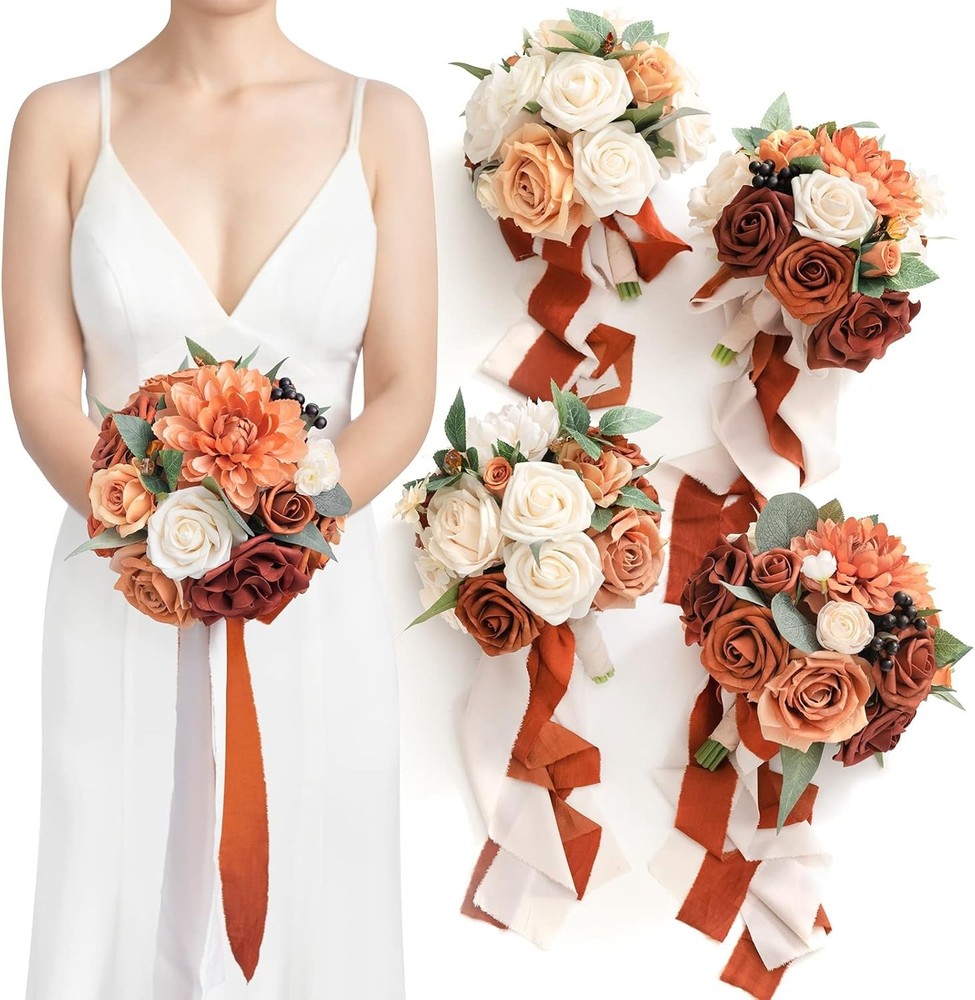 Ling’s Moment Terracotta Artificial Flowers Bridesmaid Bouquet Set of 4, 7 Inch