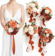 Ling’s Moment Terracotta Artificial Flowers Bridesmaid Bouquet Set of 4, 7 Inch