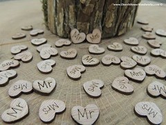 100 Mr and Mrs wood hearts rustic wedding, venue decor, confetti, invitation USA