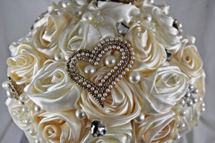 Handmade Satin Rose Ribbon Wedding Bouquet Artificial Bridal Pearls Beads Ivory