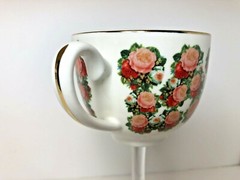 Floral Bone China Teacup Wine Glass Gold Trim Roses Petunia PAIR Wedding Shabby