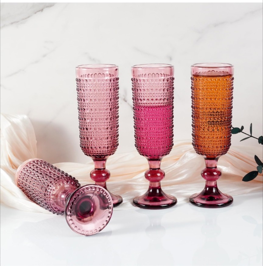 4 Pcs VTG Champagne Flutes, 5 oz Pink Goblet Champagne Glasses, Hobnail Drin..