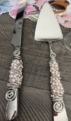 4 Pcs Wedding Cake Knife & Champagne Server Set for Bride Pink beads