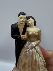 Vintage 1950s Chalkware Wedding Cake Topper Black Brown Hair Off white Dress