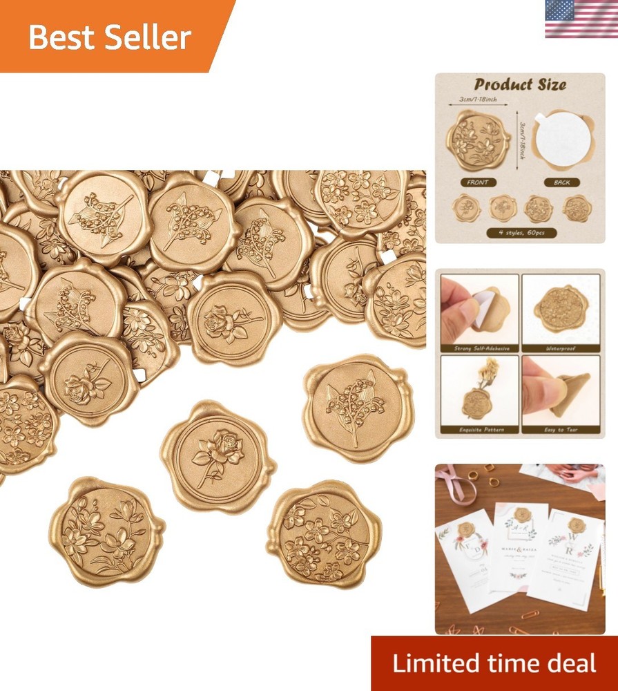 60Pcs Wax Seal Stickers, Wedding Invitation Envelope Seal Stickers Adhesive B…