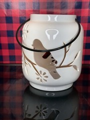 Vintage Pierced Ceramic Tealight Candle Holder Cutout Bird Branch Leaves Decor