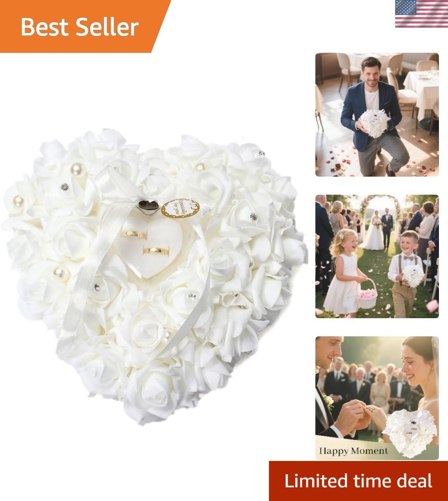 Wedding Ring Pillow, Irovy Ring Bearer Holder Pillows Heart Shape Rose Lace C…