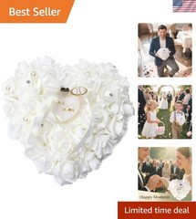Wedding Ring Pillow, Irovy Ring Bearer Holder Pillows Heart Shape Rose Lace C…