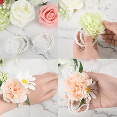4 Pieces Elastic Pearl Wrist Bands and 15 Pairs Floral Boutonniere Magnets Corsa