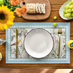 Birds Flowers Blossom Placemats Set of 4, 12″ x 18″, Rectangular 4 Pcs Blue