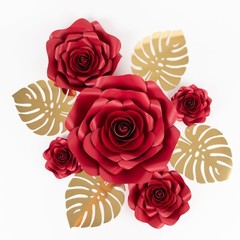 9 RED 3D Rose Paper Flowers with Gold Monstera Leaves Wedding Decorations
