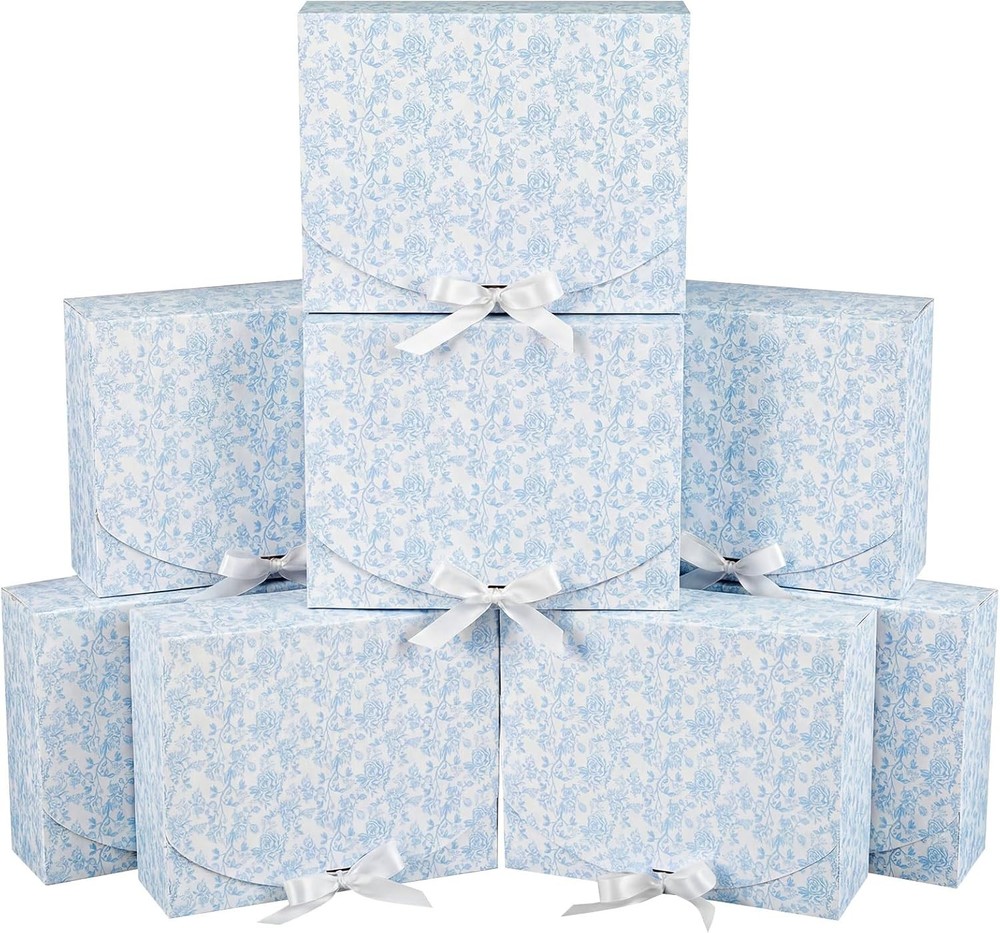 8 Pack Blue Floral Bridesmaid Proposal Gift Boxes W/ Ribbon Lids 7.87×10.6×3.2In