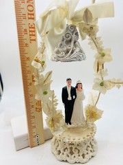 Vintage 1940s 1950s Wedding Cake Topper Bride Groom Bell Fabric Flower Arch