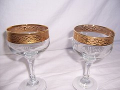 2 Our Wedding Etched Water Goblets/Wine Glasses Encrusted Gold Rim Bride & Groom