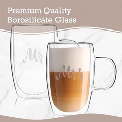 Mr and Mrs Coffee Mugs Set – 14.5 oz Double Walled Glasses – His and Hers