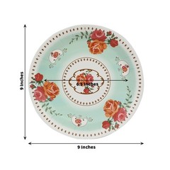 25 TURQUOISE 9″ Paper Round Plates with Vintage Rose Flower Print Wedding