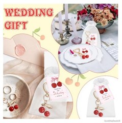 24 Cherry Keychain Party Favors with Organza Bags Thank You Cards Wedding Baby
