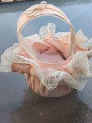 Mid Century Flower Girl Basket Pink Satin Lace Ribbon Wedding Shabby Chic – USED