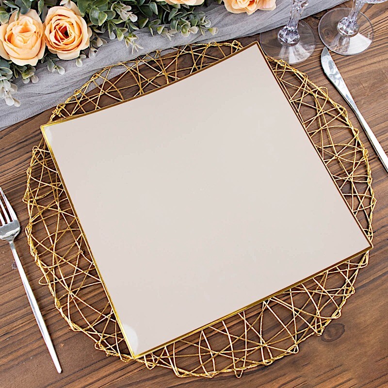 10 TAUPE 8″ Square Concave Plastic Salad Dinner PLATES Gold Rim Party Events