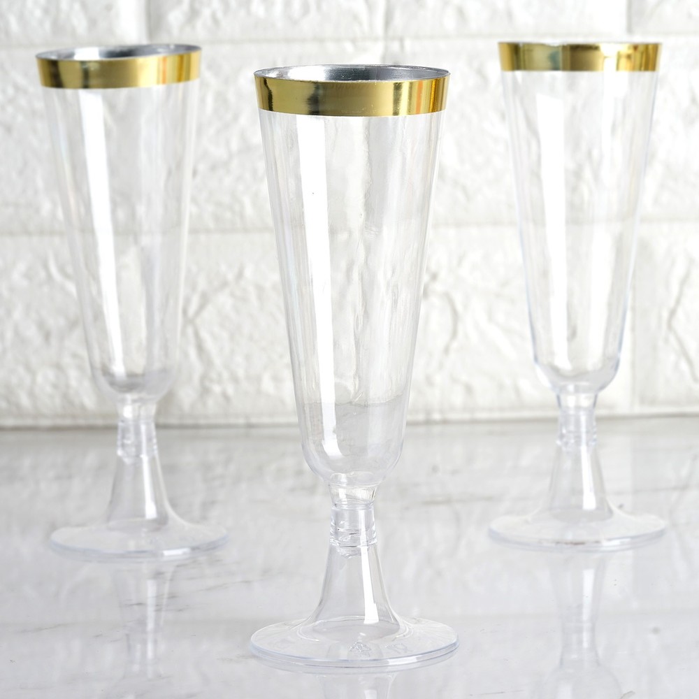 5 oz Plastic CLEAR Gold Rim Champagne Disposable Glasses Party Wedding Catering