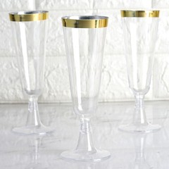 5 oz Plastic CLEAR Gold Rim Champagne Disposable Glasses Party Wedding Catering