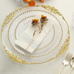CLEAR GOLD 10 Round 8″ Plastic Salad PLATES Beaded Rim Party Events Decorations