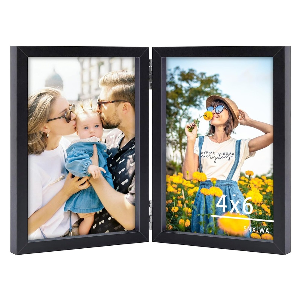 4×6 Picture Frames Double Black Photo Frame Folding Vertical Stand Display Si…