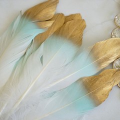 60 MINT GREEN WHITE with Metallic Gold Tip Natural Goose Feathers Decorations
