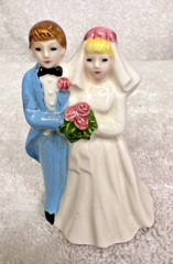 Norcrest Bone China Miniature Bride and Groom 2 3/4 Inches Tall Blonde Blue Suit